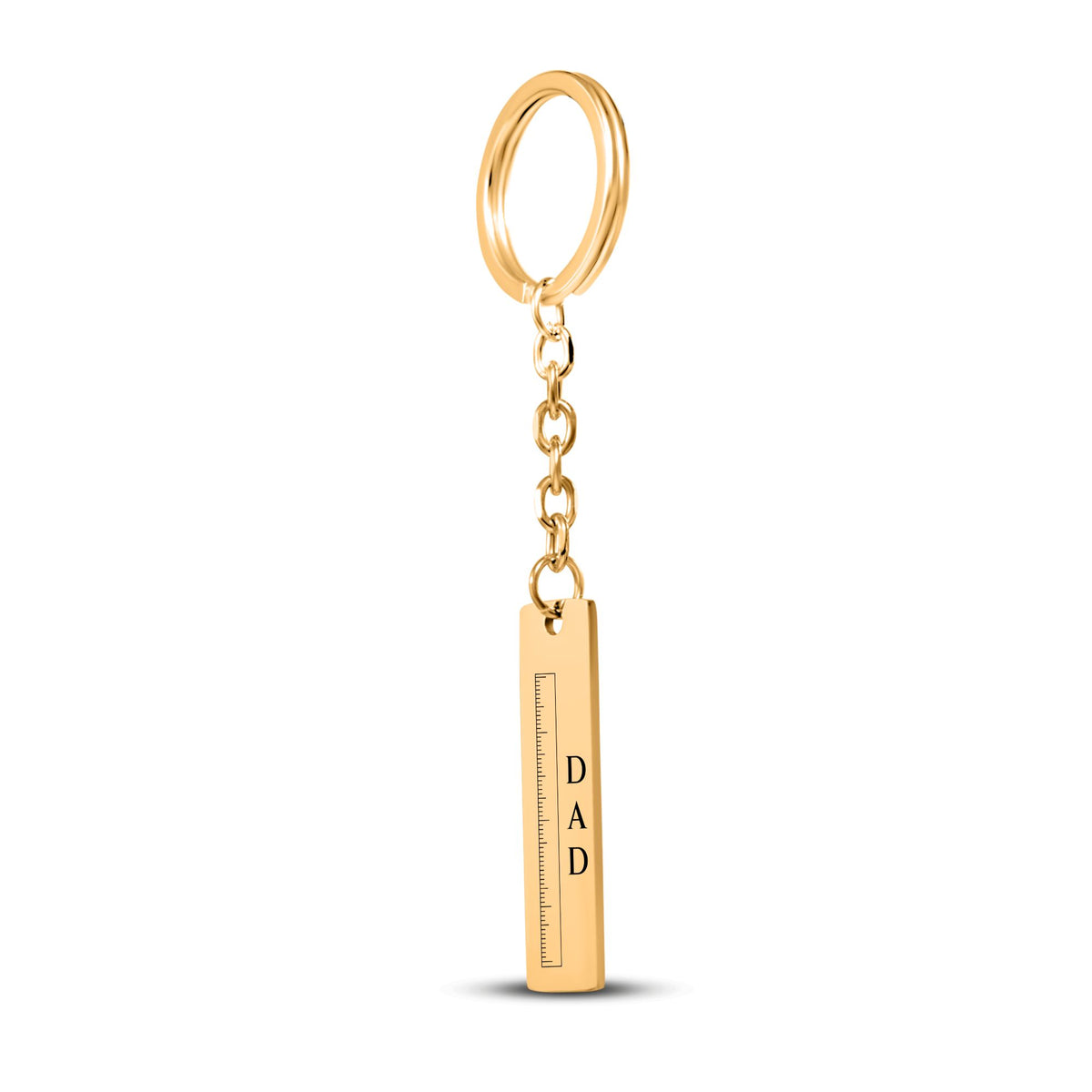Gold plated vertical bar keychain engraved with a ruler and stacked DAD lettering