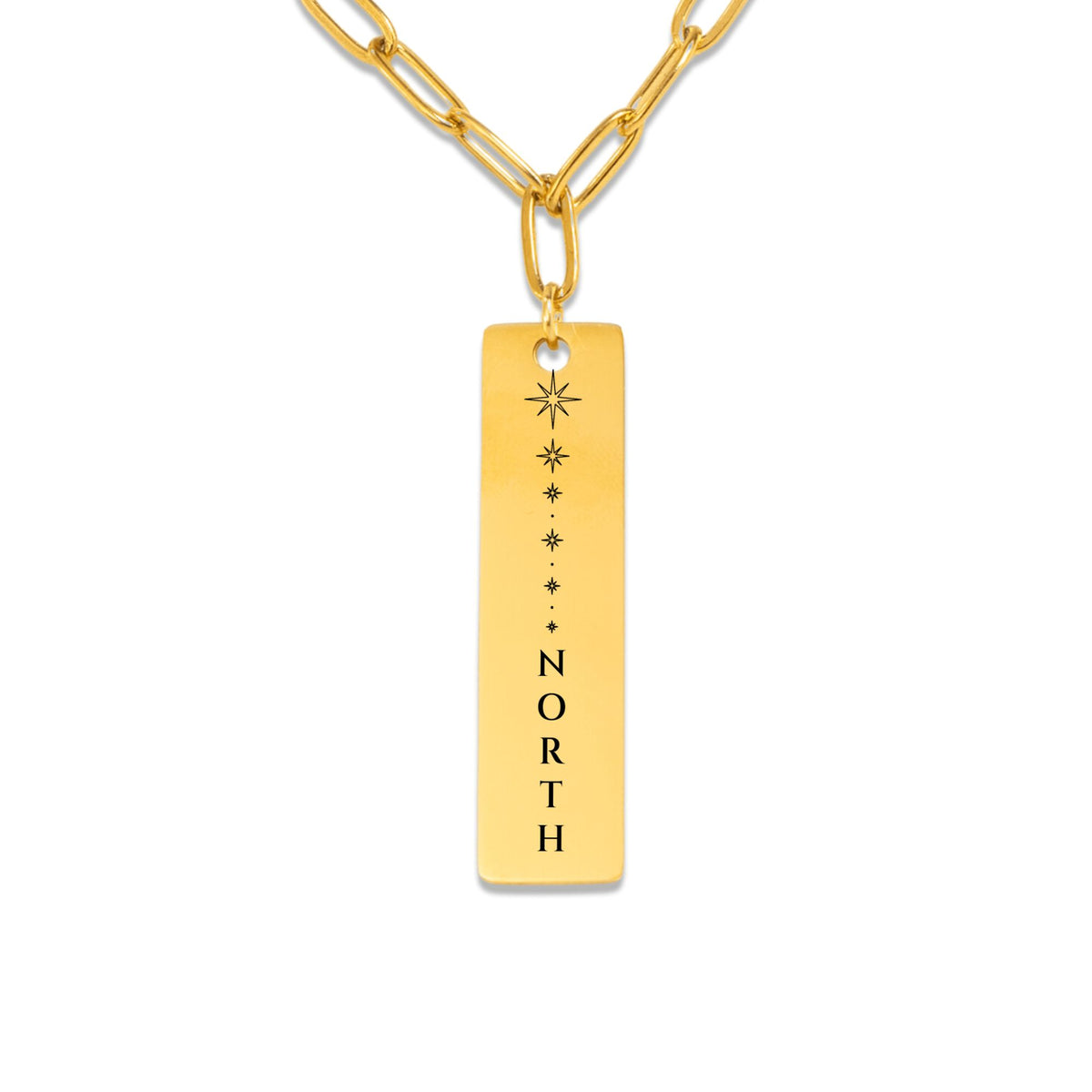 North Star engraved vertical bar necklace, 18k gold plated paperclip chain