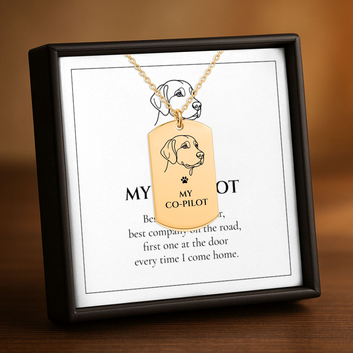 My Co-Pilot dog tag necklace displayed on its matching message card in a gift box