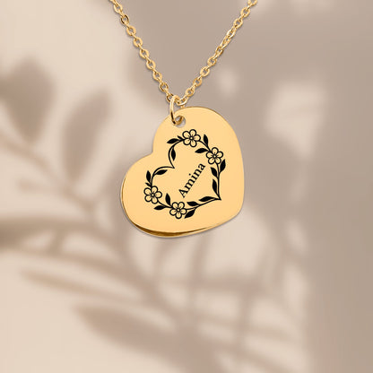 Botanical Heart Name Necklace, Personalized Gift for Her