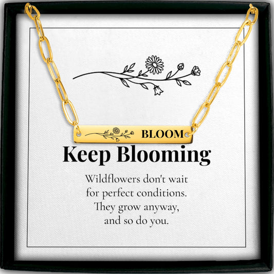 Bloom wildflower bar necklace on a paperclip chain with its Keep Blooming card