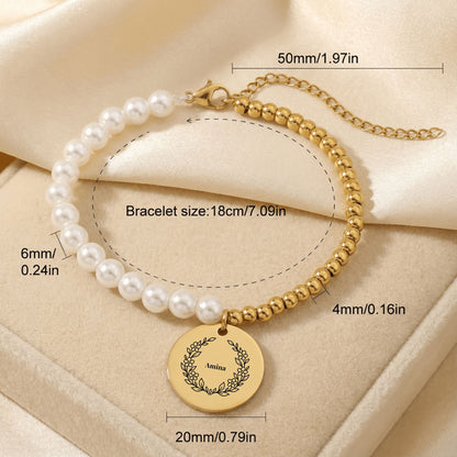 Botanical Wreath Name Pearl Bracelet, Personalized Gift for Mom