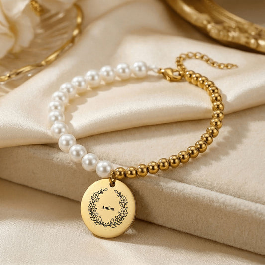 Botanical Wreath Name Pearl Bracelet, Personalized Gift for Mom
