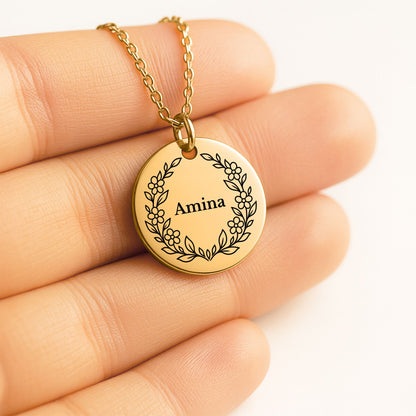 Botanical Wreath Name Coin Necklace, Personalized Gift for Her