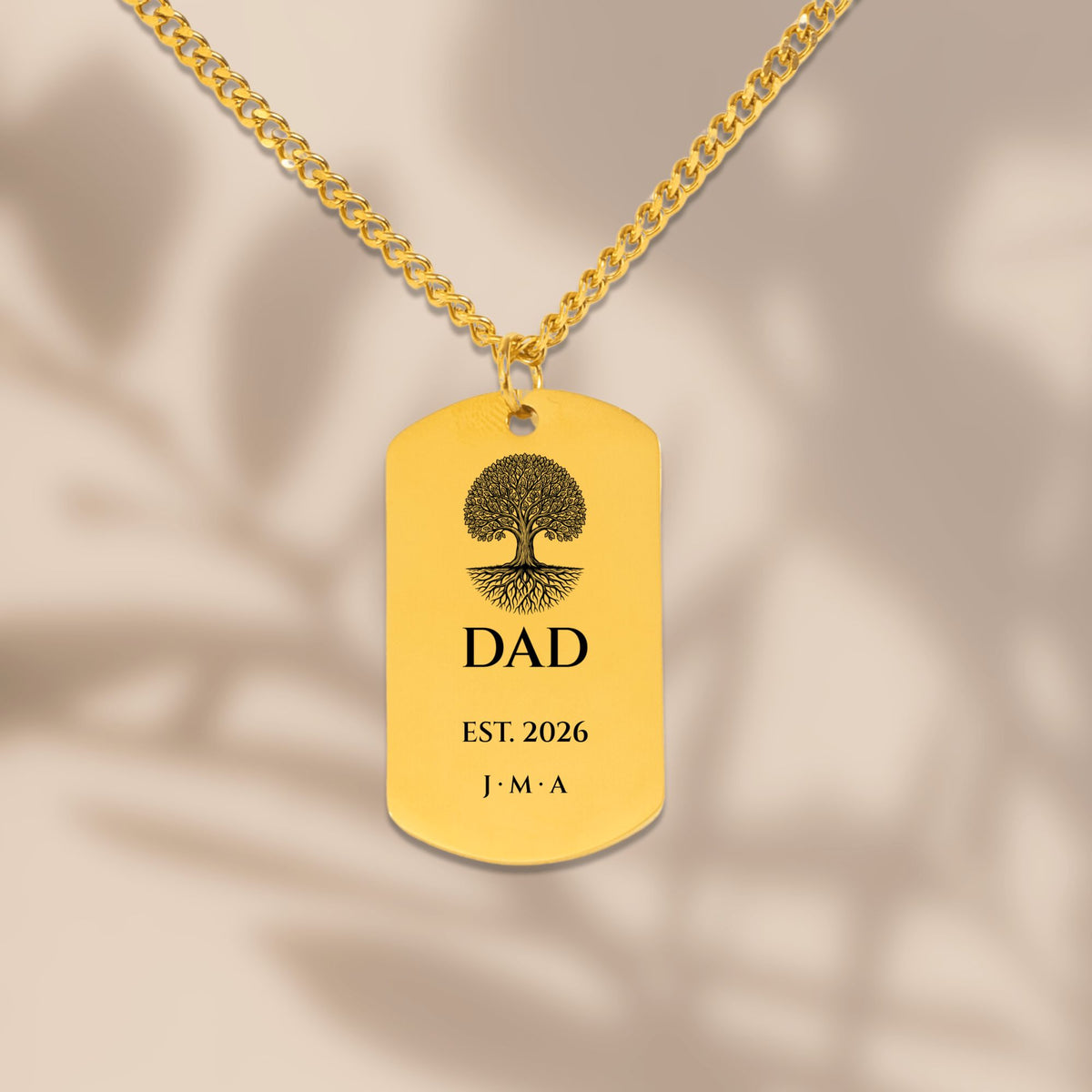 Oak tree DAD dog tag necklace in soft window light