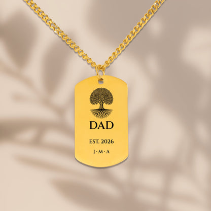 Oak tree DAD dog tag necklace in soft window light