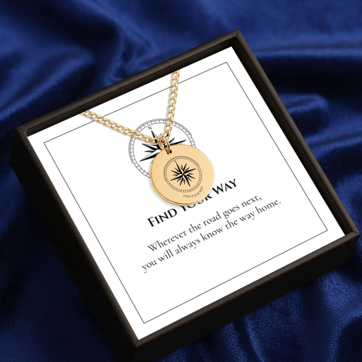 Compass rose Cuban chain coin necklace in its gift box with FIND YOUR WAY message card