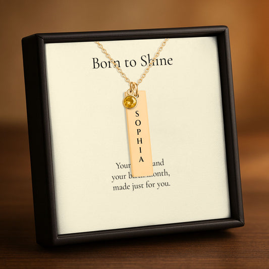 Vertical Name Bar Necklace with Birthstone, Personalized Gift