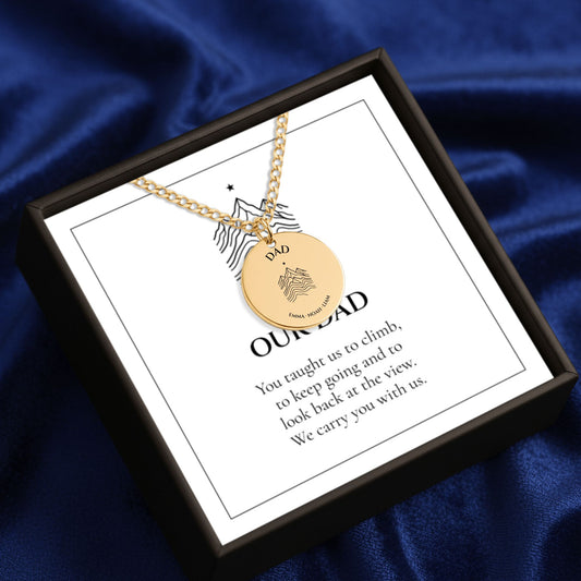 Personalized kids' names Dad coin necklace in gold on an OUR DAD message card in a gift box