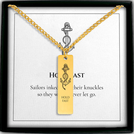 Hold Fast anchor bar necklace in its gift box with HOLD FAST message card