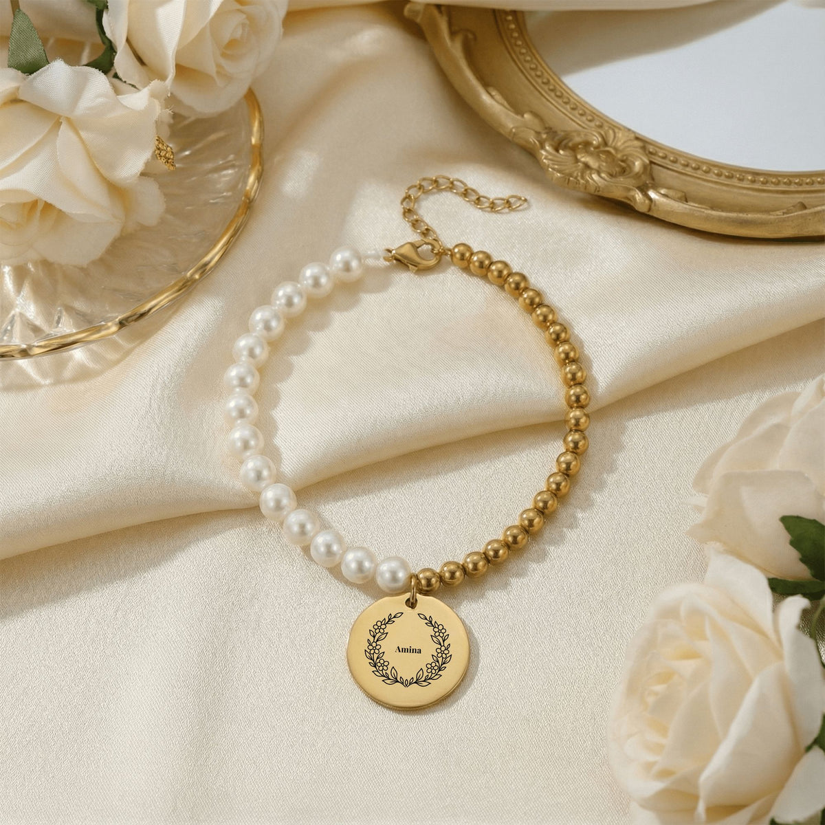 Botanical Wreath Name Pearl Bracelet, Personalized Gift for Mom