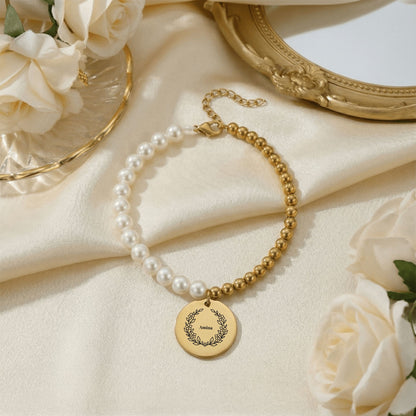 Botanical Wreath Name Pearl Bracelet, Personalized Gift for Mom