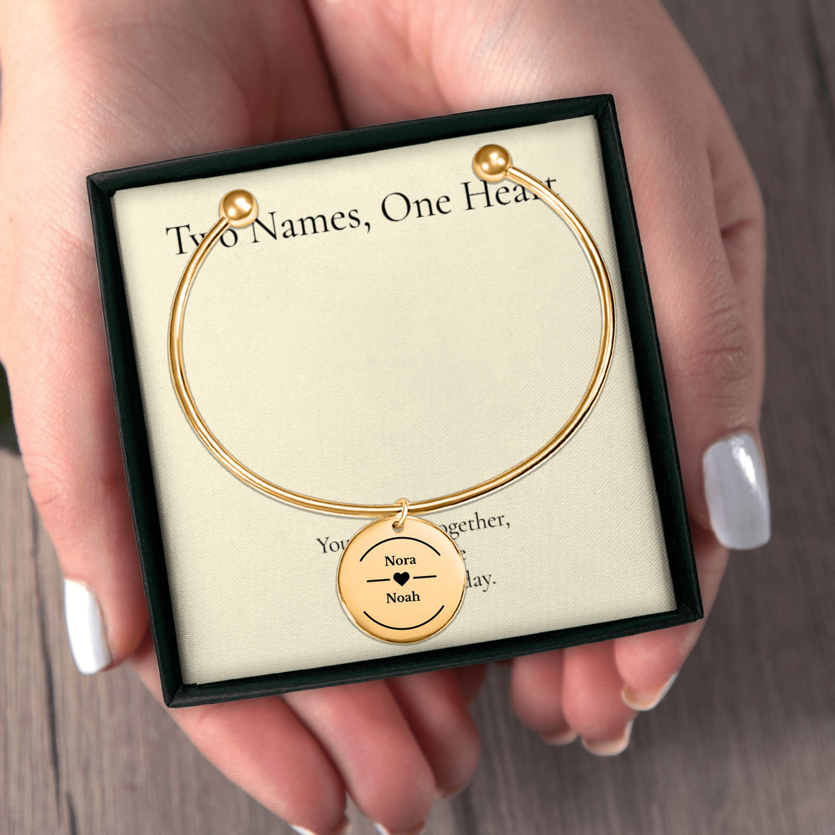 Two Names Heart Bangle Bracelet, Personalized Couples Gift