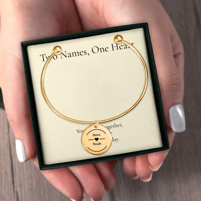 Two Names Heart Bangle Bracelet, Personalized Couples Gift