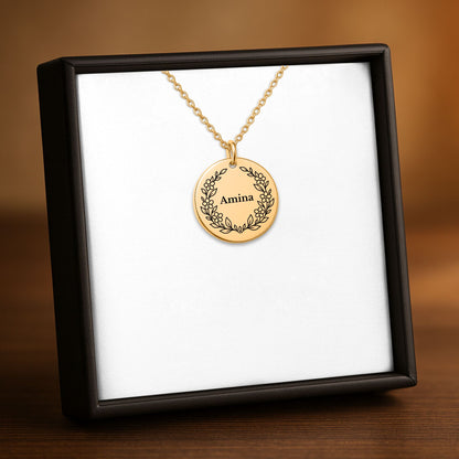 Botanical Wreath Name Coin Necklace, Personalized Gift for Her
