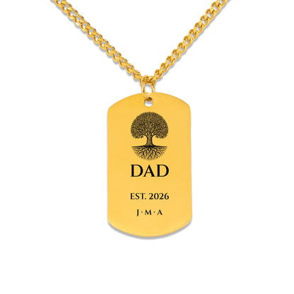 Dad Est. Year dog tag pendant engraved with an oak tree and sample initials J M A on white
