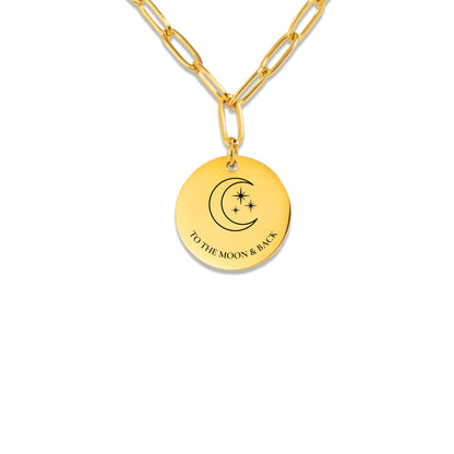Crescent moon engraved coin necklace, 18k gold plated