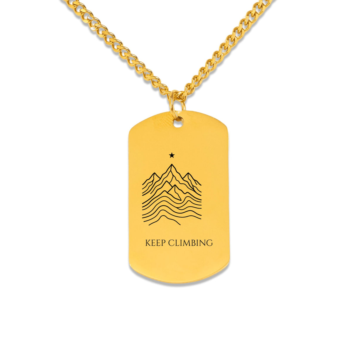 Mountain ridge and KEEP CLIMBING engraving on a dog tag pendant, front view