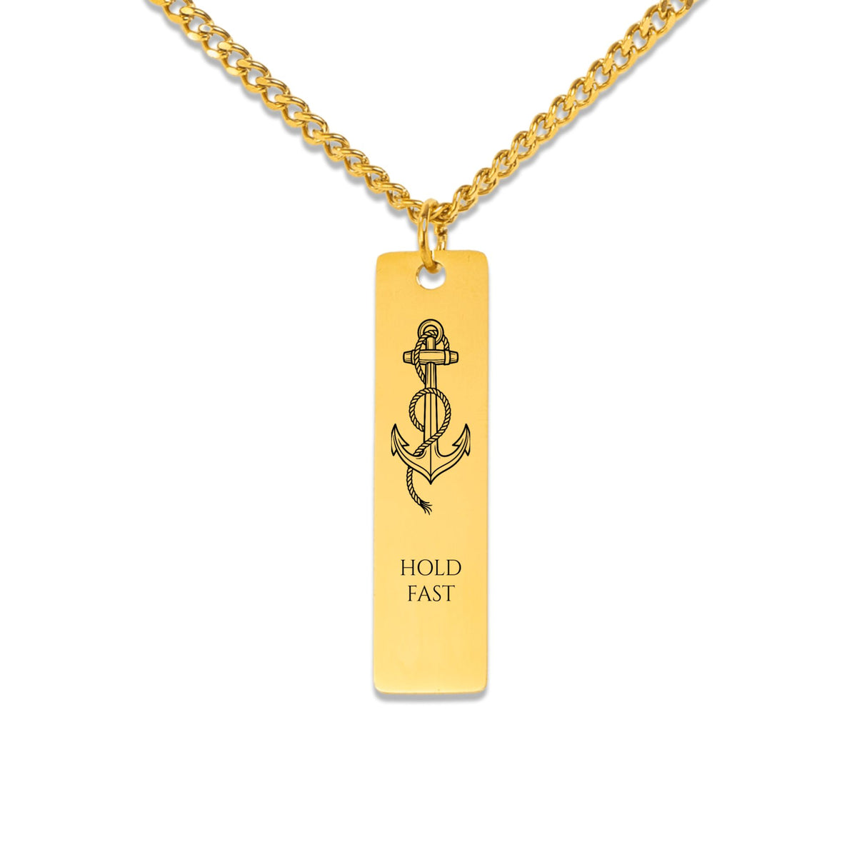 Rope anchor and HOLD FAST engraving on a vertical bar pendant, front view