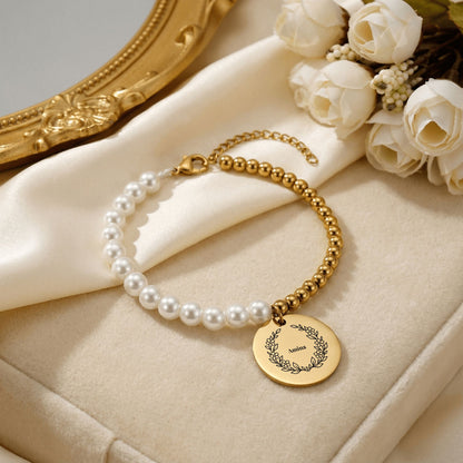Botanical Wreath Name Pearl Bracelet, Personalized Gift for Mom