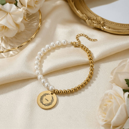 Botanical Wreath Name Pearl Bracelet, Personalized Gift for Mom