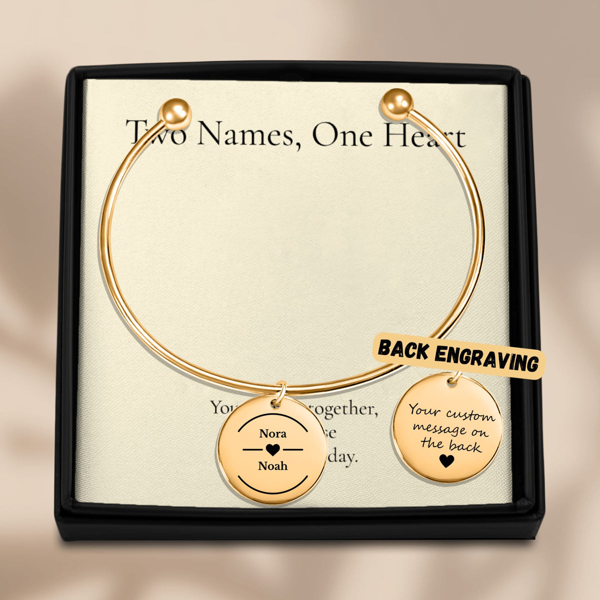 Two Names Heart Bangle Bracelet, Personalized Couples Gift
