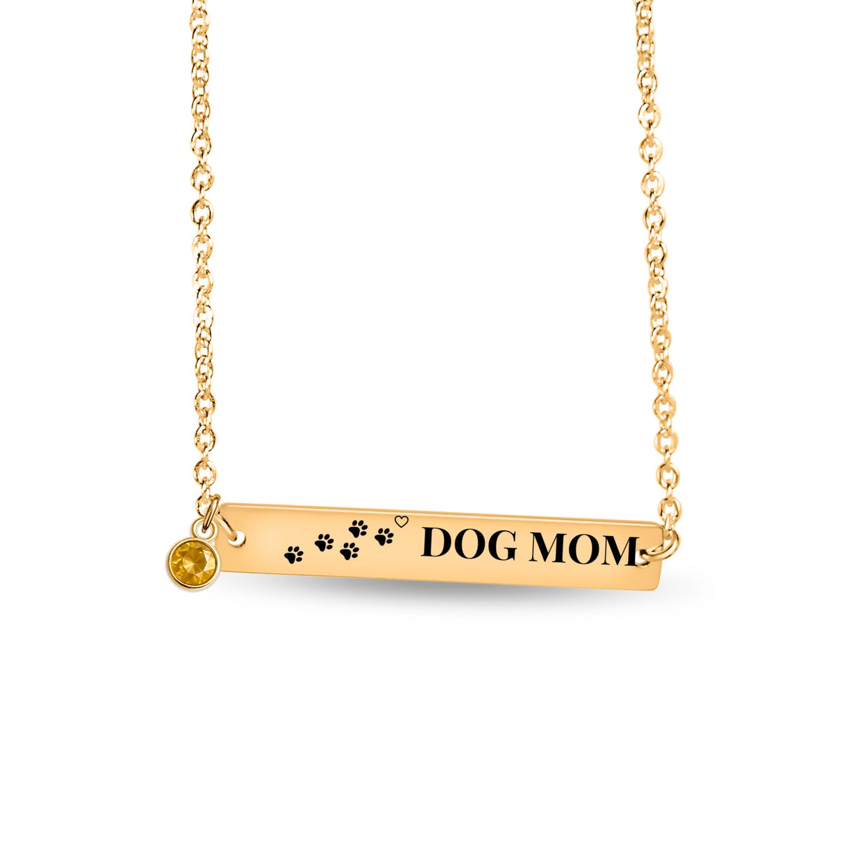 Dog Mom paw print bar necklace with birthstone charm, 18k gold plated