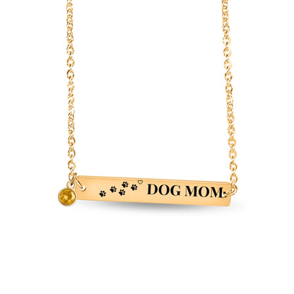 Dog Mom paw print bar necklace with birthstone charm, 18k gold plated