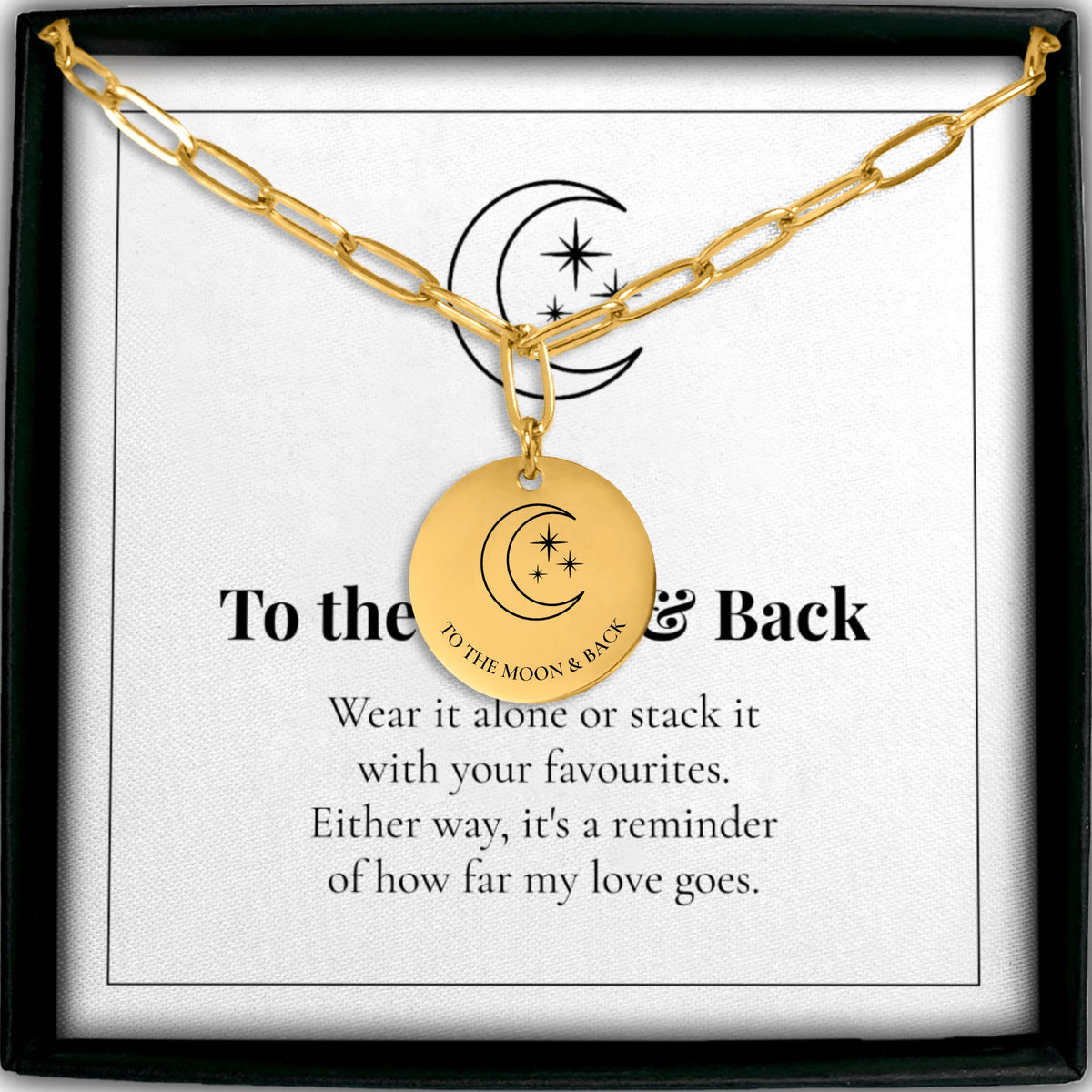 To the Moon and Back coin necklace on a paperclip chain with its message card