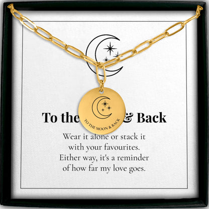To the Moon and Back coin necklace on a paperclip chain with its message card