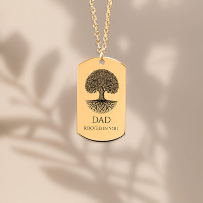 Close-up of the laser engraved oak tree dog tag