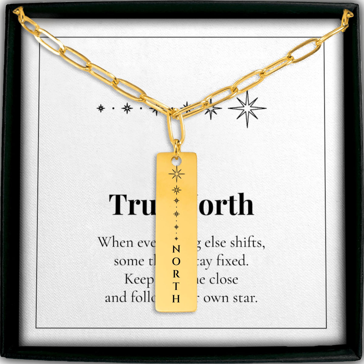 North Star vertical bar necklace on a paperclip chain with its True North message card