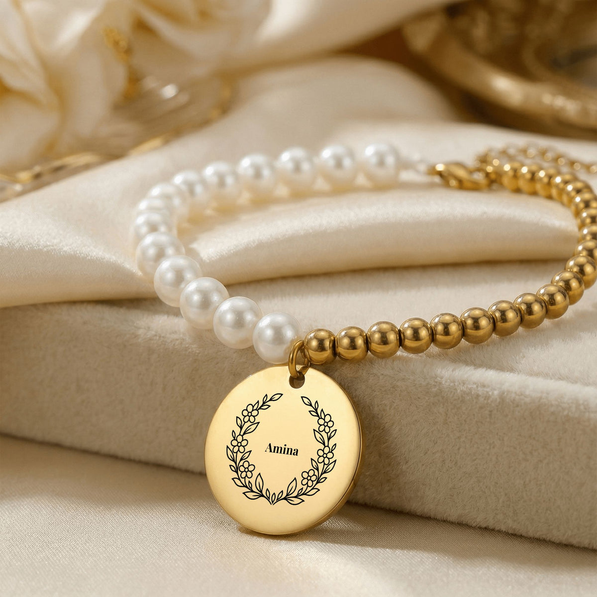Botanical Wreath Name Pearl Bracelet, Personalized Gift for Mom