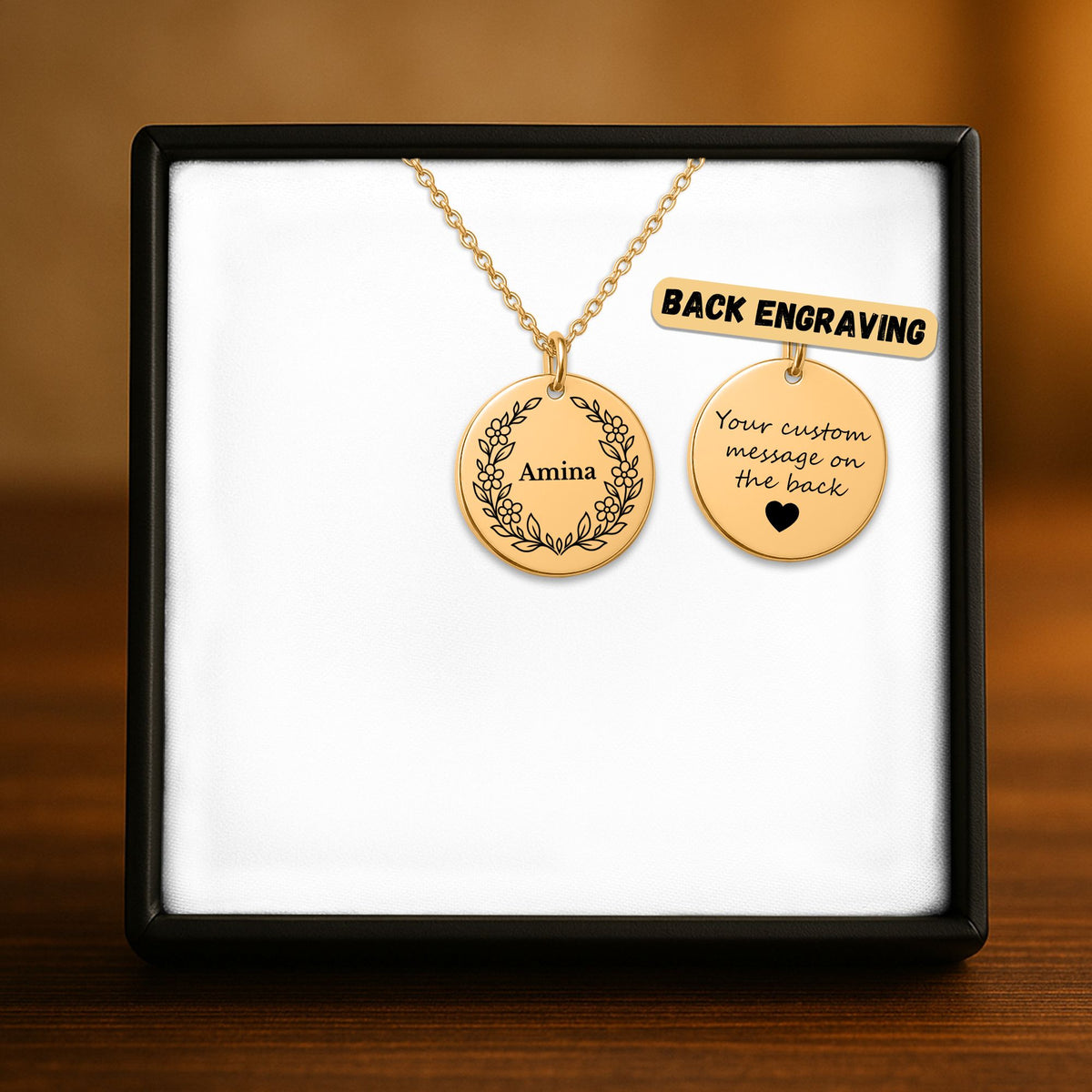 Botanical Wreath Name Coin Necklace, Personalized Gift for Her