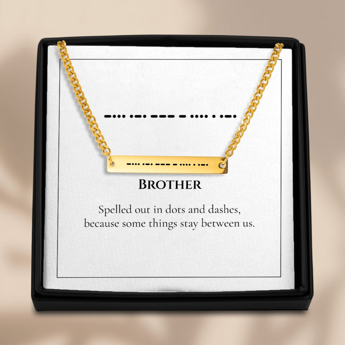 Brother Morse code Cuban chain bar necklace presented in a black gift box