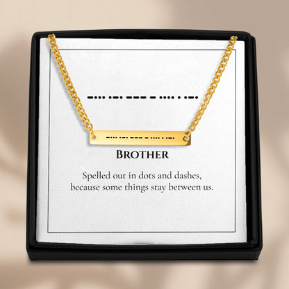 Brother Morse code Cuban chain bar necklace presented in a black gift box