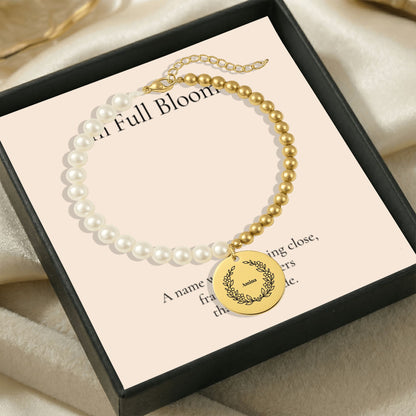 Botanical Wreath Name Pearl Bracelet, Personalized Gift for Mom