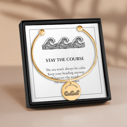 Stay the Course ocean wave coin charm bangle in its gift box with the matching message card