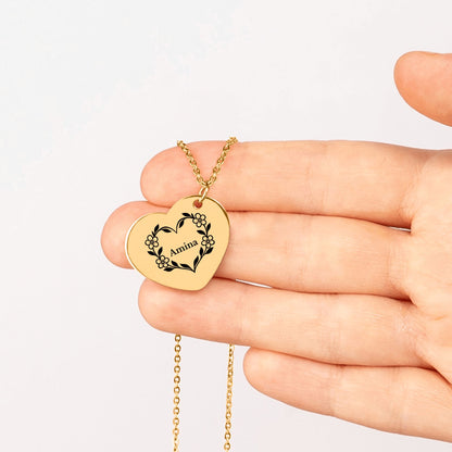 Botanical Heart Name Necklace, Personalized Gift for Her