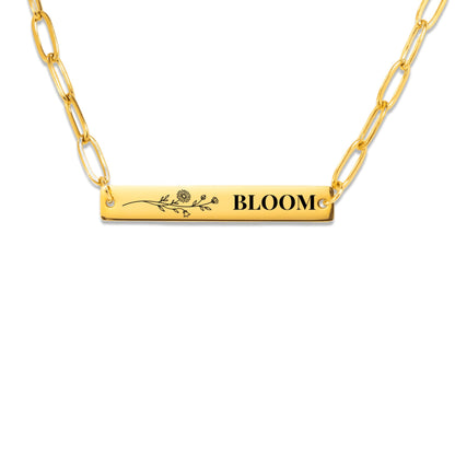 Bloom wildflower engraved bar necklace, 18k gold plated