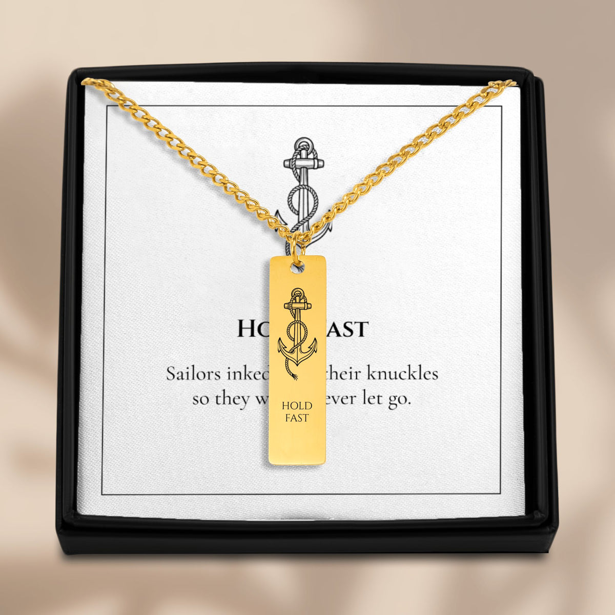 Hold Fast Cuban chain bar necklace presented in a black gift box