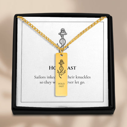 Hold Fast Cuban chain bar necklace presented in a black gift box