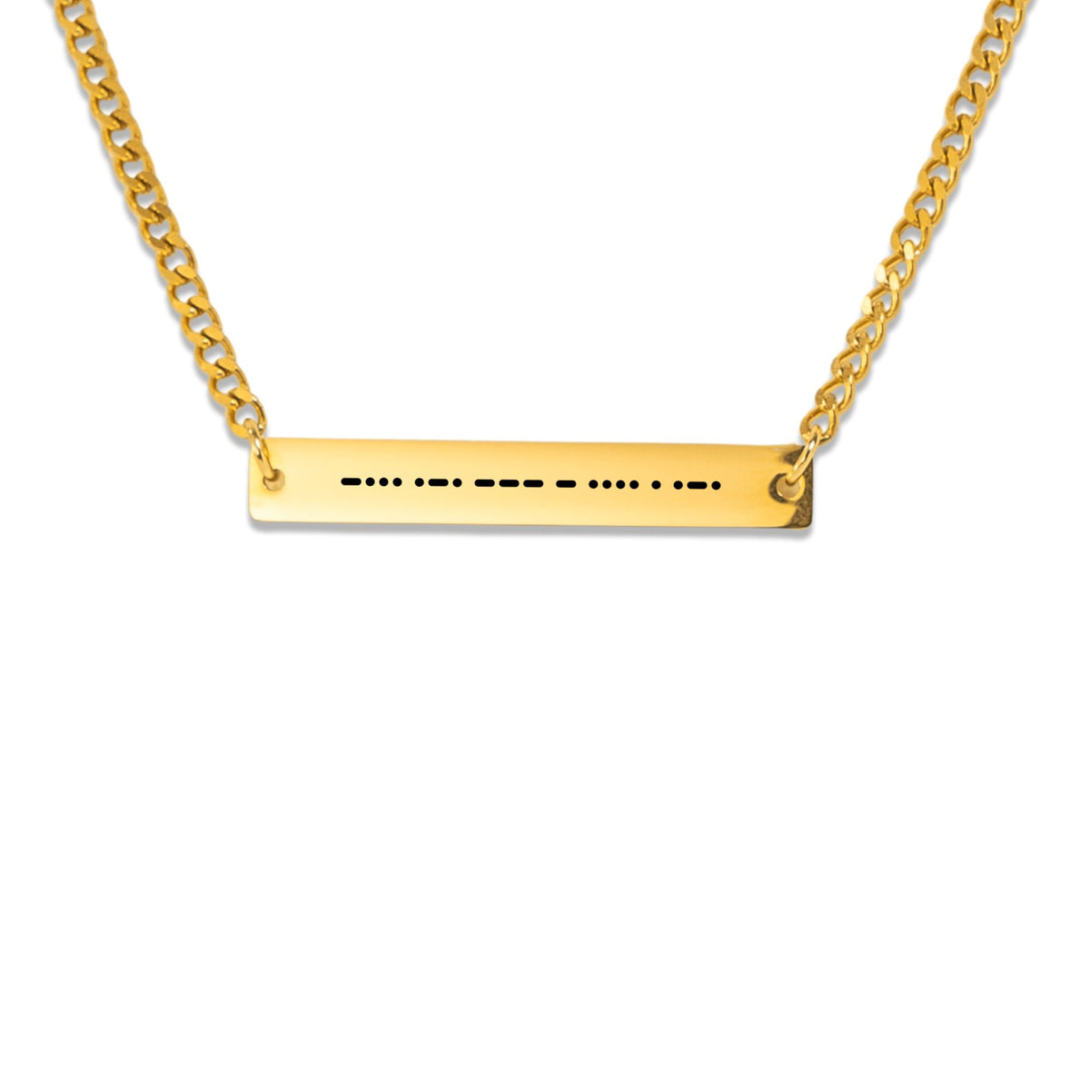 BROTHER in Morse code engraved on a horizontal bar pendant, front view