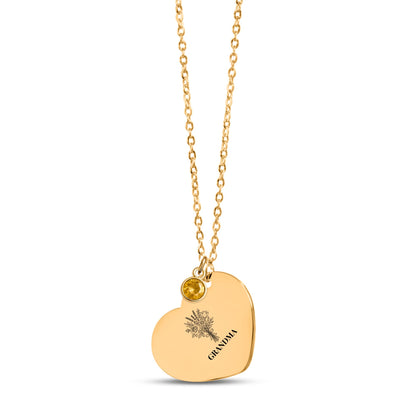 Heart necklace engraved with a bouquet and GRANDMA with a birthstone charm, 18k gold plated