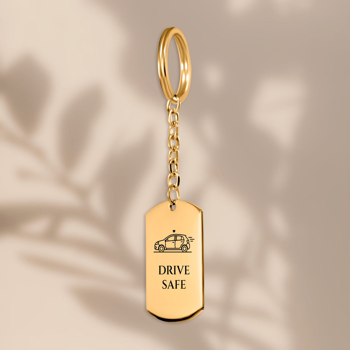 Drive Safe car tag keychain with soft leaf shadows