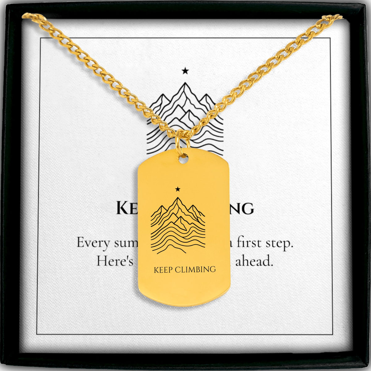 Mountain Ridge Cuban chain dog tag necklace in its gift box with KEEP CLIMBING message card