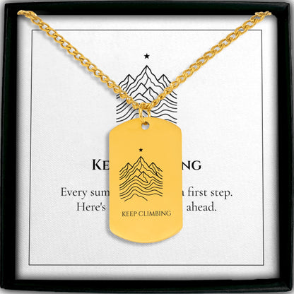 Mountain Ridge Cuban chain dog tag necklace in its gift box with KEEP CLIMBING message card