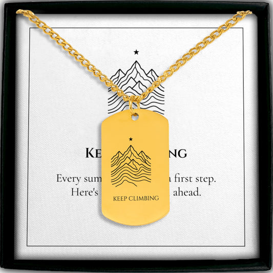 Mountain Ridge Cuban chain dog tag necklace in its gift box with KEEP CLIMBING message card