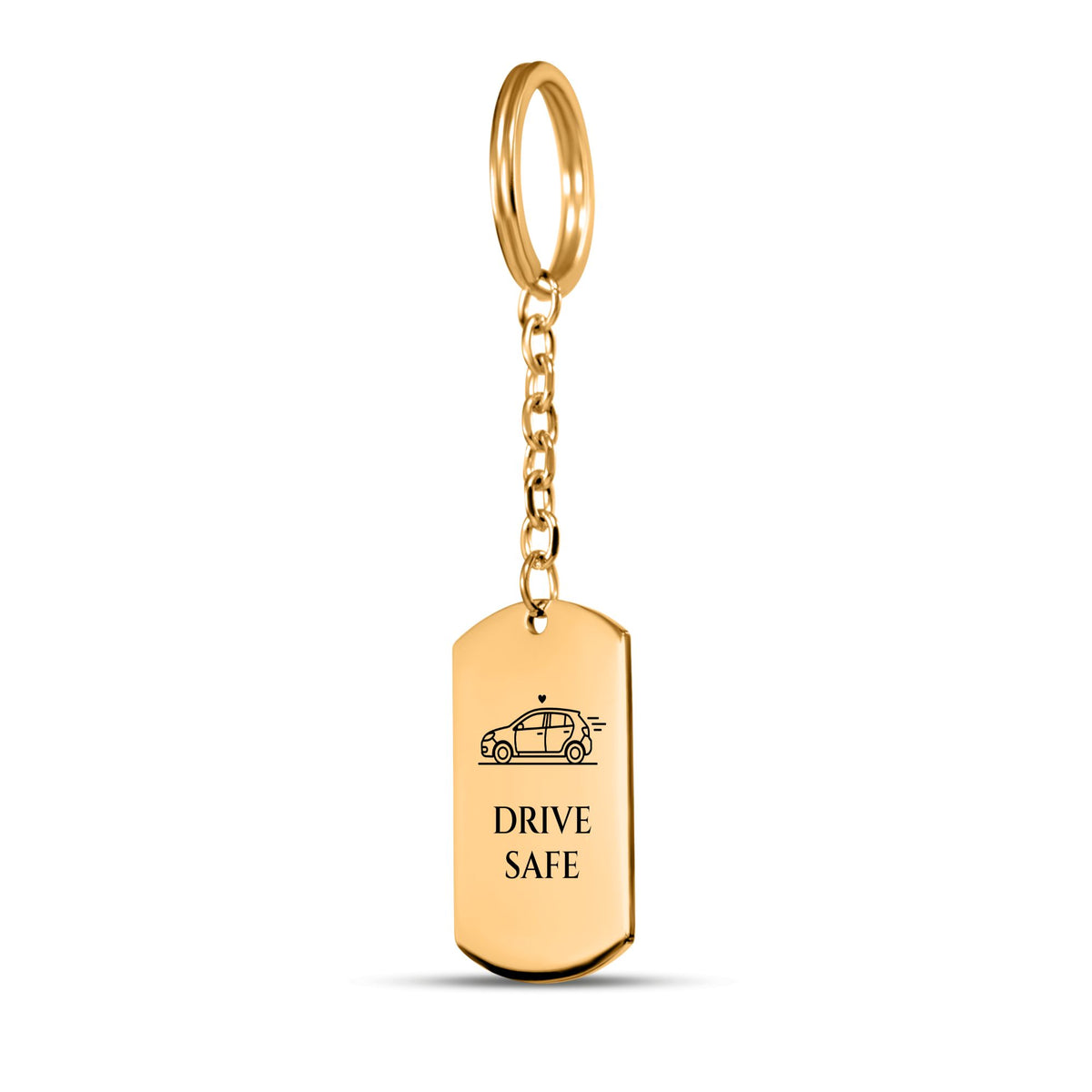 Gold plated tag keychain engraved with a car and DRIVE SAFE