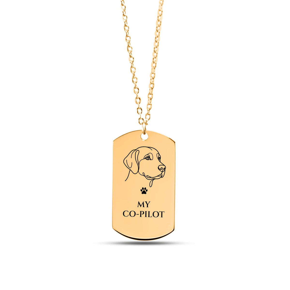 Gold plated dog tag necklace engraved with a dog, a paw print and MY CO-PILOT